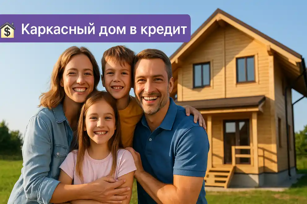 Счастливая семья на фоне каркасного дома, построенного в кредит